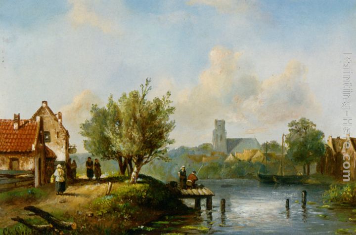 Figures near a waterside inn painting - Charles Henri Joseph Leickert Figures near a waterside inn art painting
